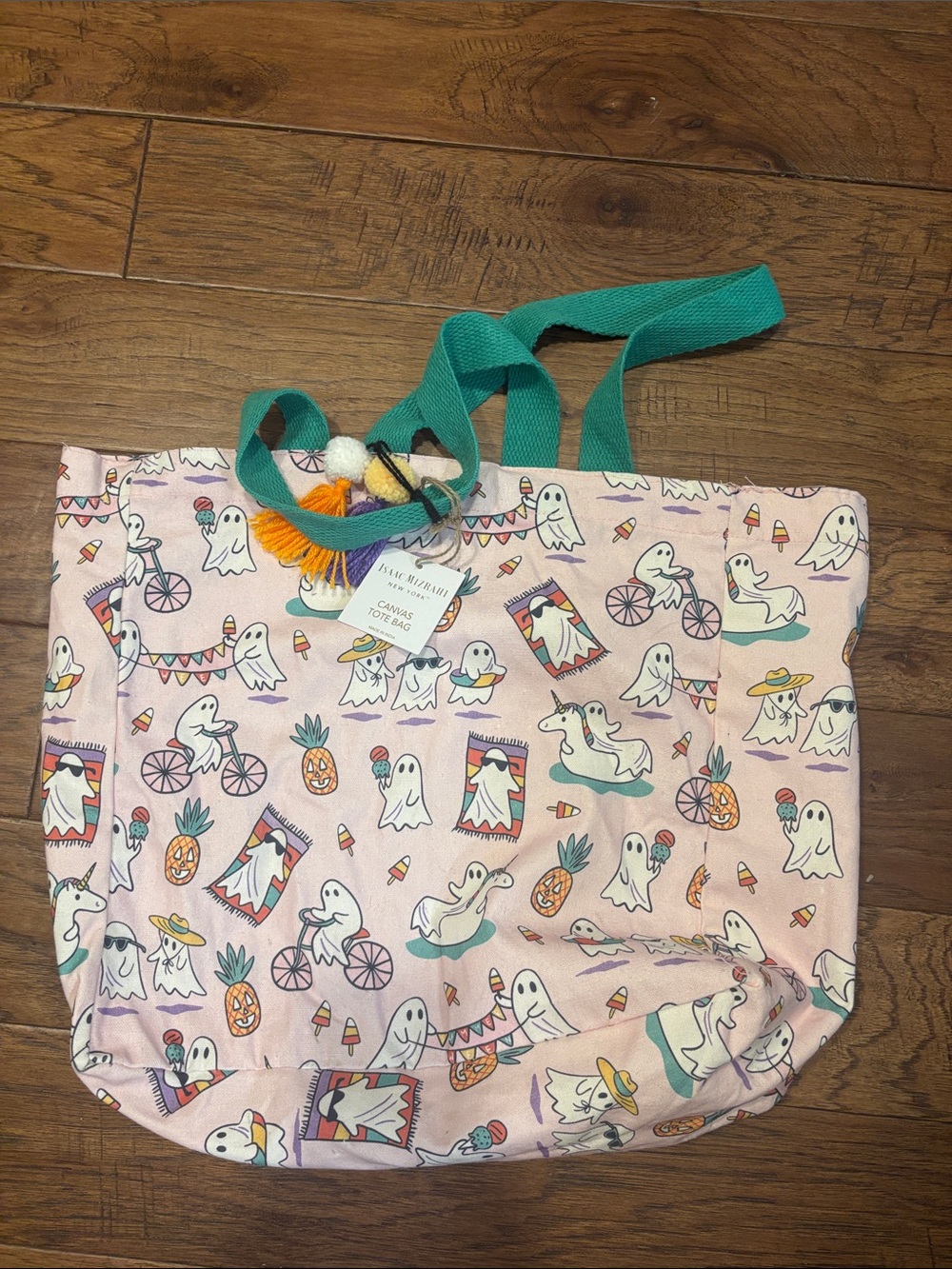 Isaac Mizrahi Pink Ghost Print Tote with Teal Handles